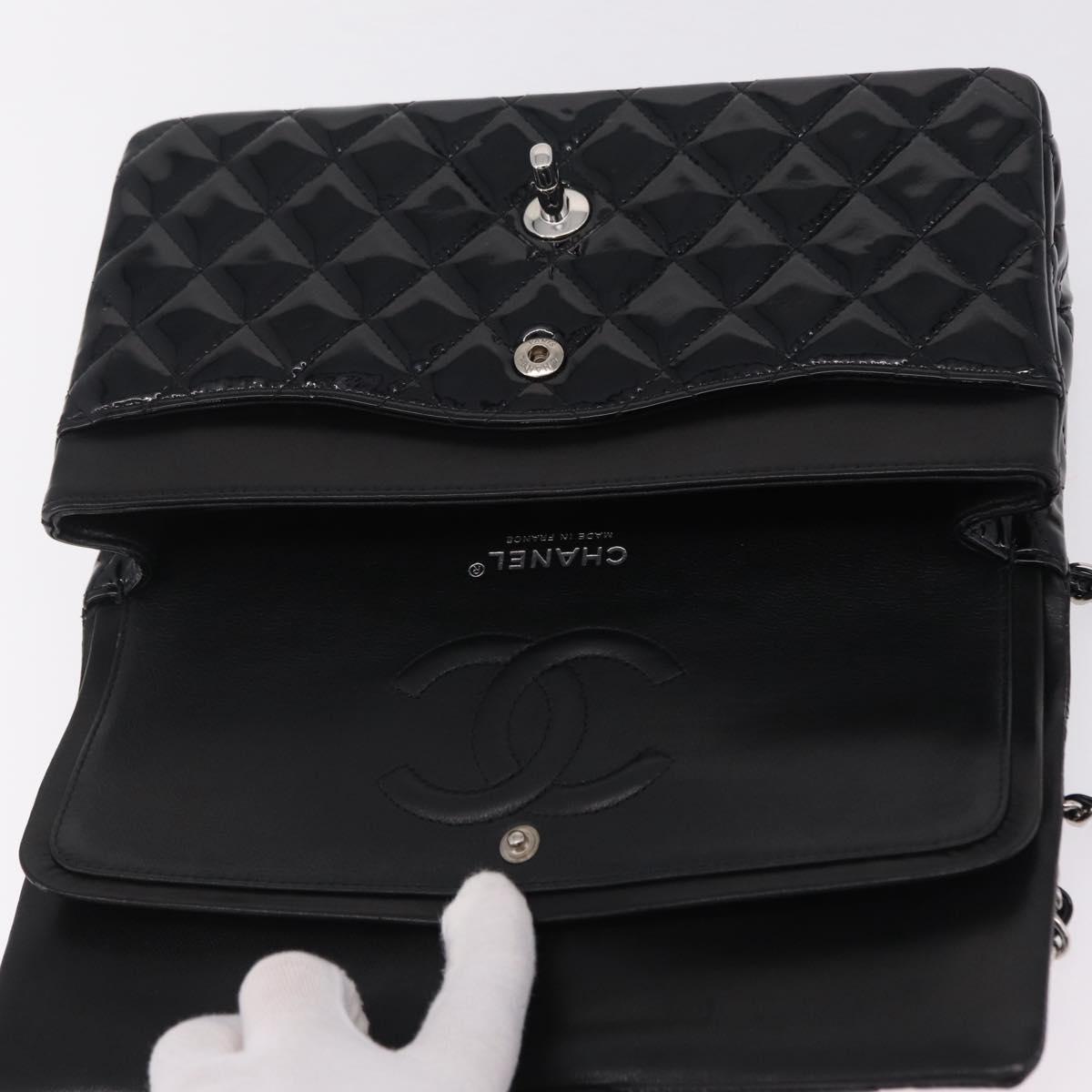 CHANEL Chain Matelasse25 Bag Patent Leather Black Silver CC Auth 210175SAM