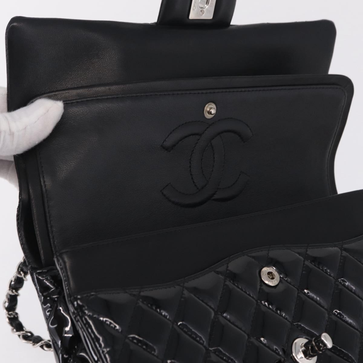 CHANEL Chain Matelasse25 Bag Patent Leather Black Silver CC Auth 210175SAM