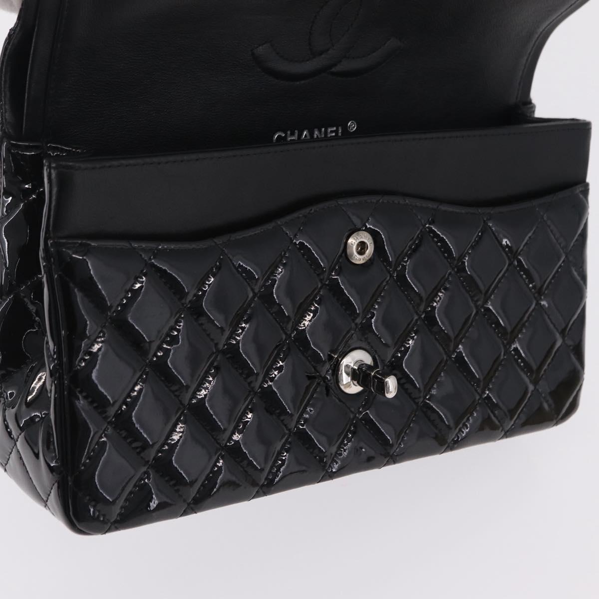 CHANEL Chain Matelasse25 Bag Patent Leather Black Silver CC Auth 210175SAM