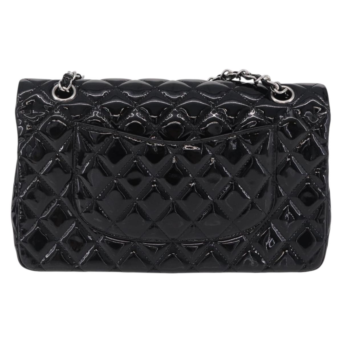 CHANEL Chain Matelasse25 Bag Patent Leather Black Silver CC Auth 210175SAM