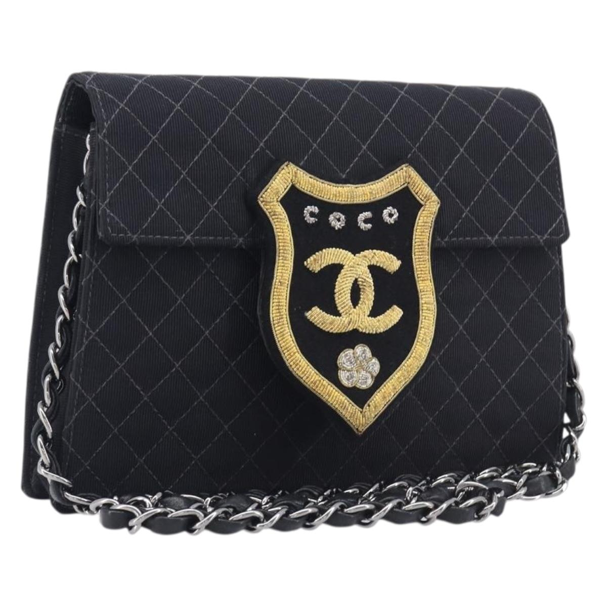 CHANEL Matelasse Chain Shoulder Bag Canvas Black Silver CC Auth 210182SAM