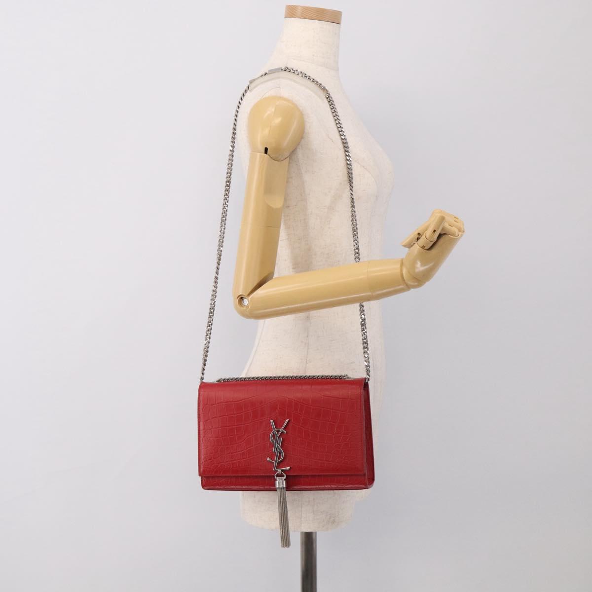 Saint Laurent Kate Chain Shoulder Bag Leather Red Silver Auth 210195M