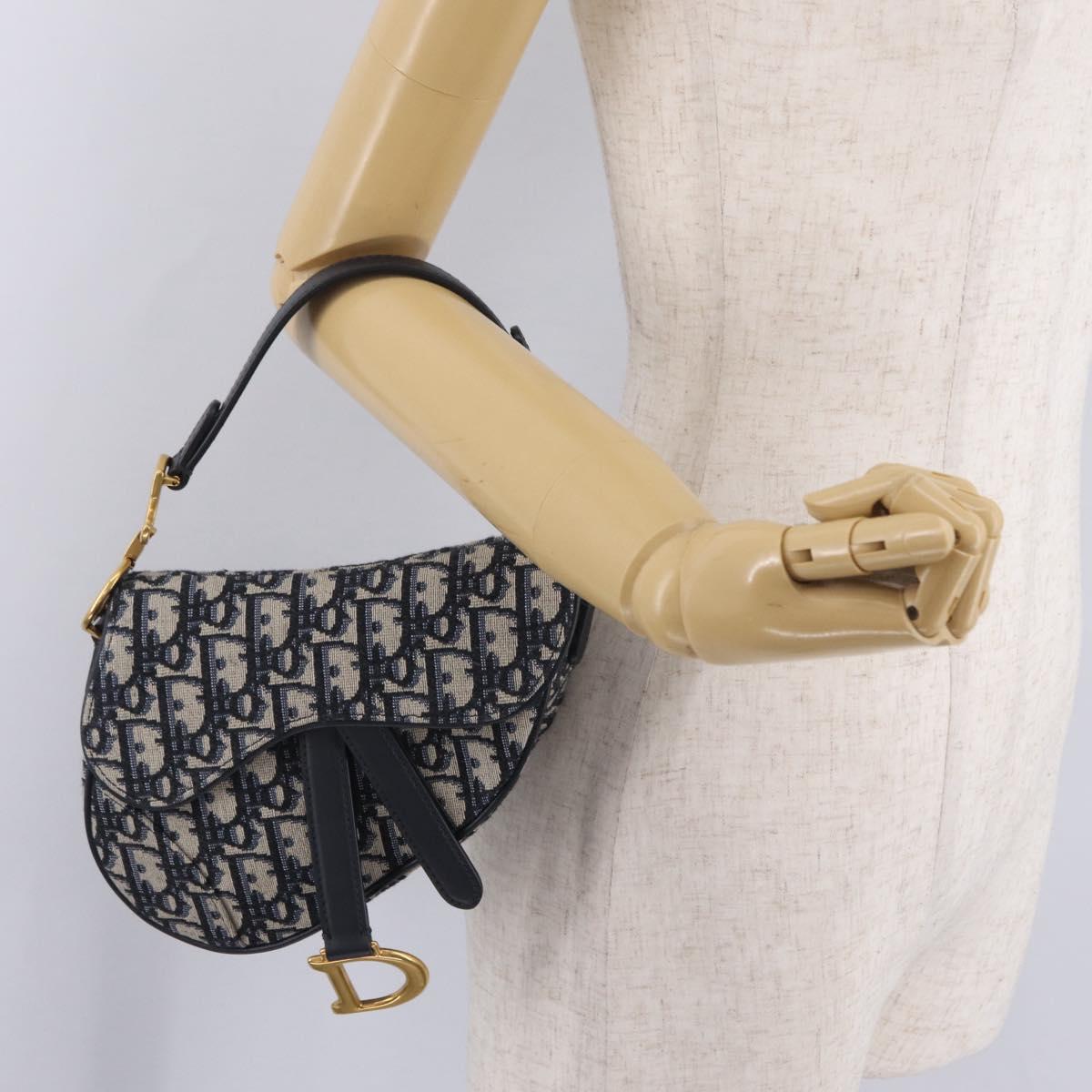 Christian Dior Trotter Canvas Saddle Shoulder Bag Navy Gold Auth 210196M