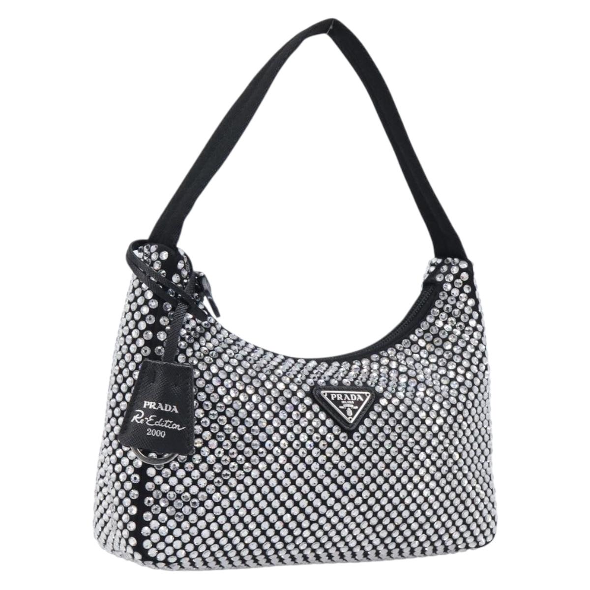 PRADA Hand Pouch Satin Black Silver Auth 210197SAM
