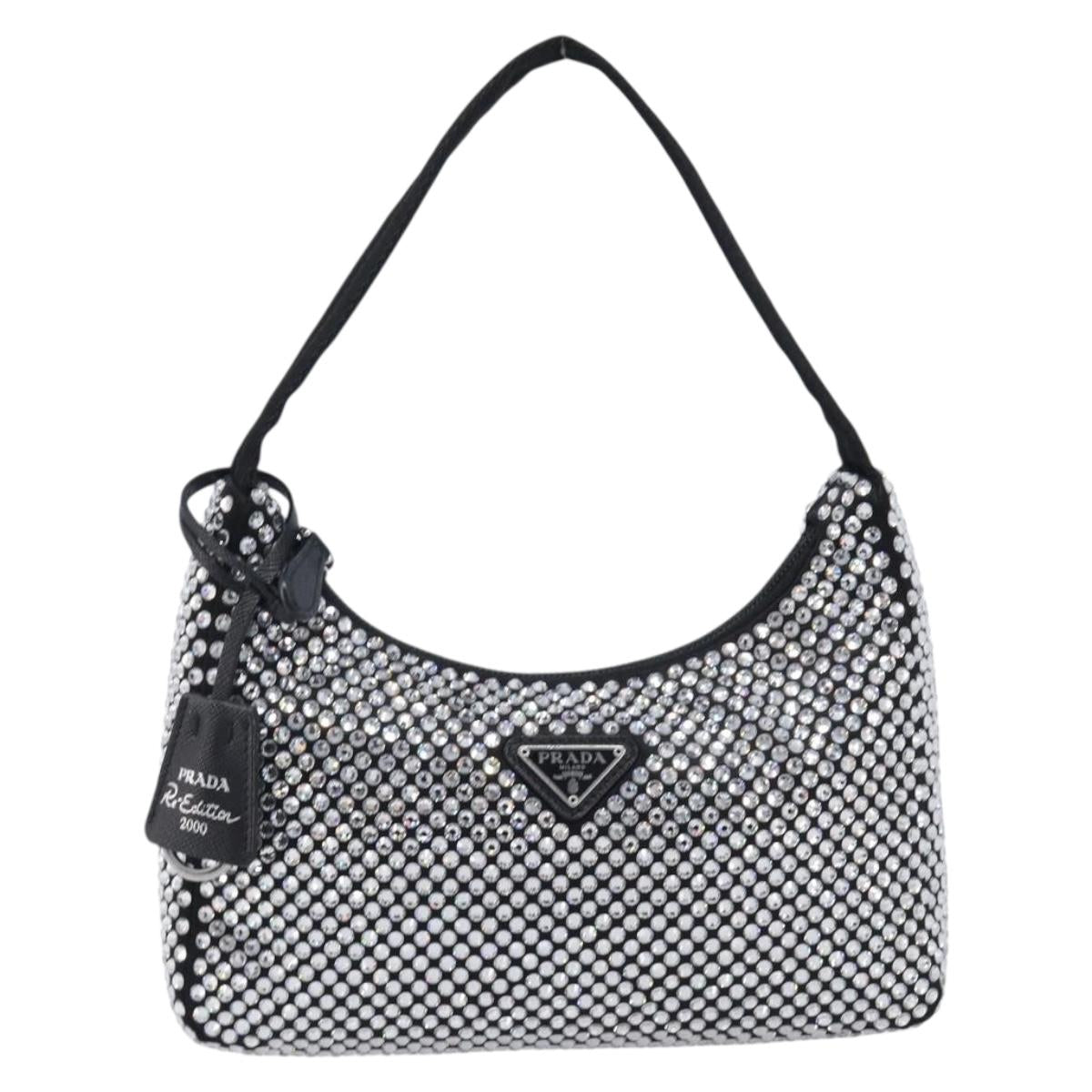 PRADA Hand Pouch Satin Black Silver Auth 210197SAM