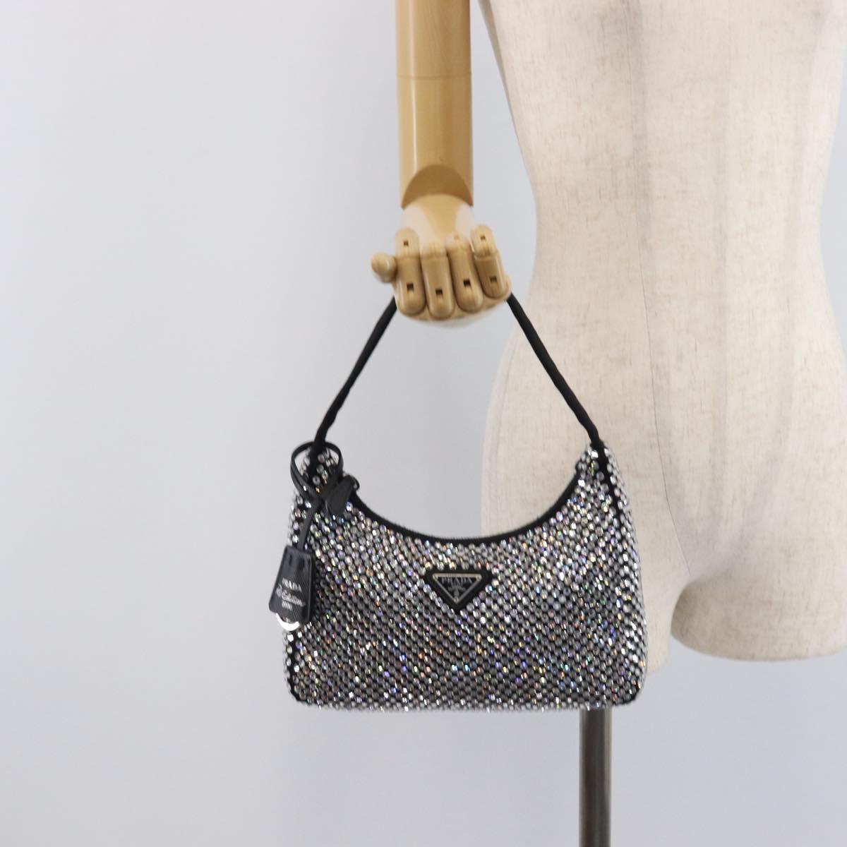 PRADA Hand Pouch Satin Black Silver Auth 210197SAM