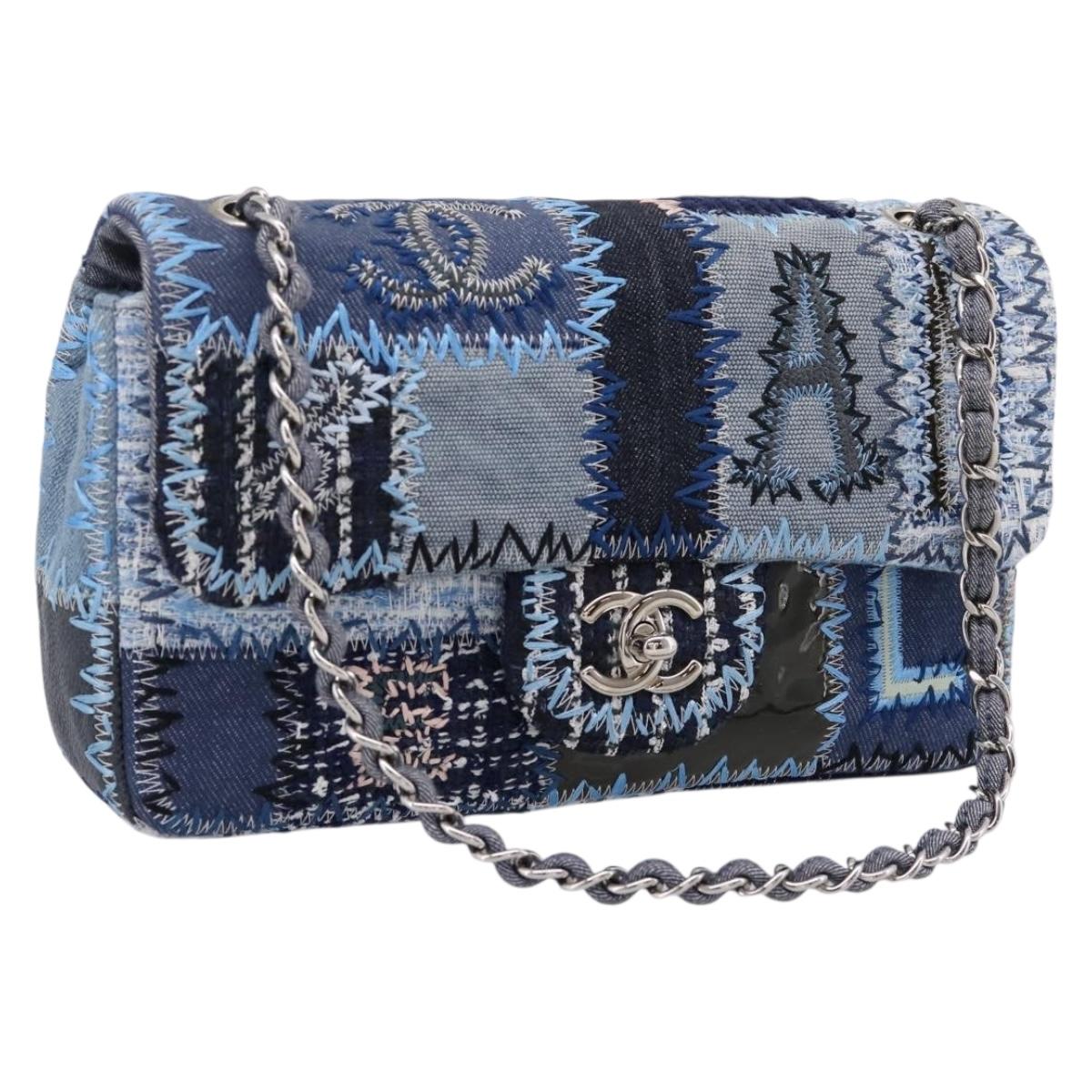 CHANEL Chain Shoulder Bag Denim Blue Silver CC Auth 210199SM