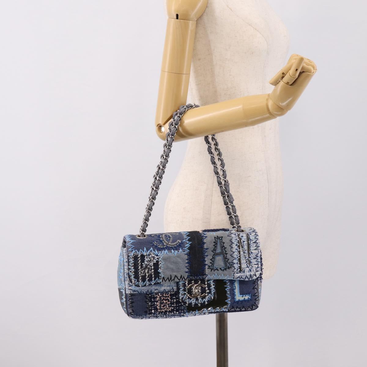CHANEL Chain Shoulder Bag Denim Blue Silver CC Auth 210199SM