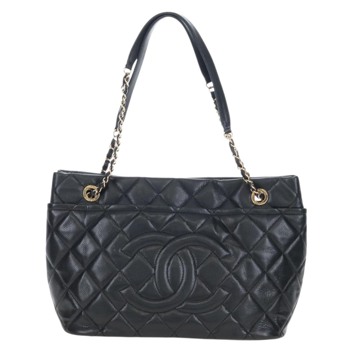 CHANEL Matelasse Chain Shoulder Tote Bag Caviar Skin Black Gold CC Auth 210201M