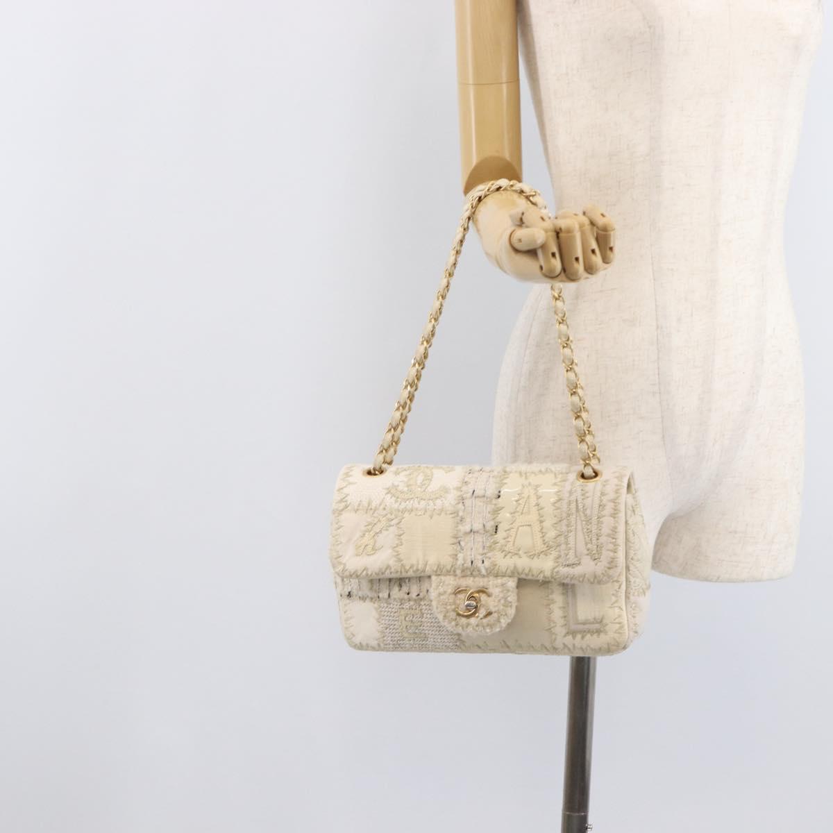 CHANEL Chain Shoulder Bag Canvas Ivory Gold CC Auth 210203SM