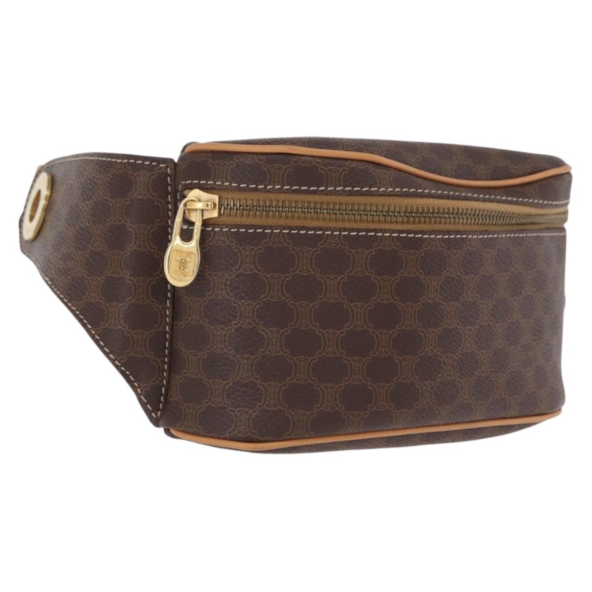 CELINE Macadam Canvas Circle Body Bag PVC Leather Brown Gold Auth 210205V