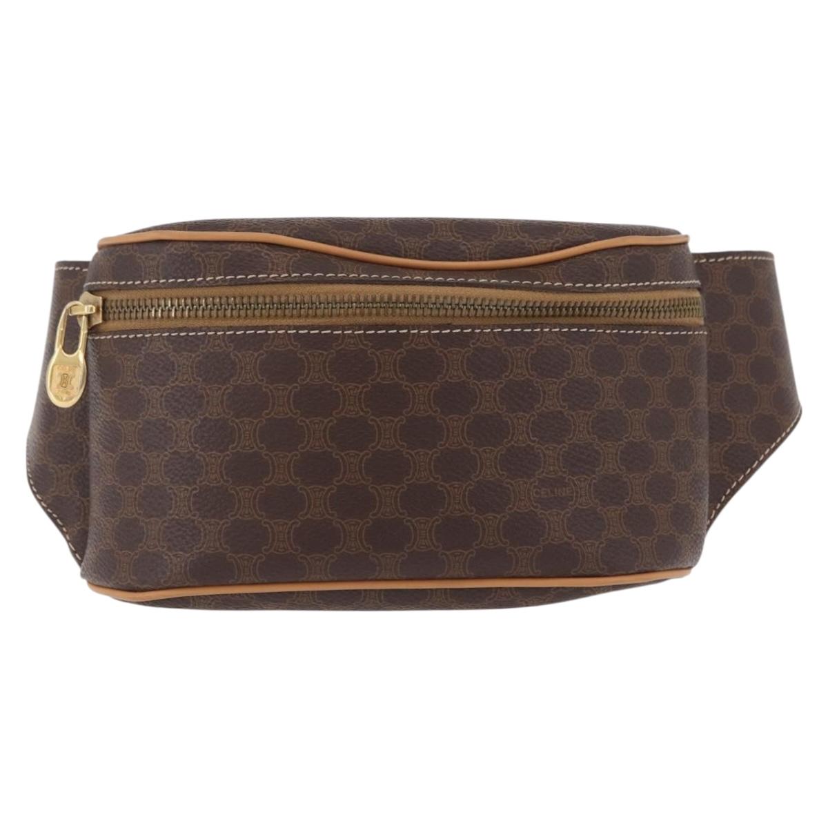 CELINE Macadam Canvas Circle Body Bag PVC Leather Brown Gold Auth 210205V