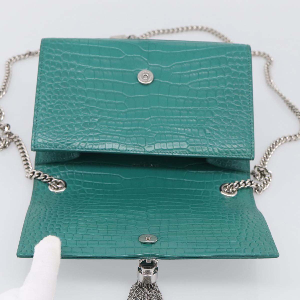 Saint Laurent Kate Chain Bag Leather Croco-Embossed Green Silver Auth 210206M