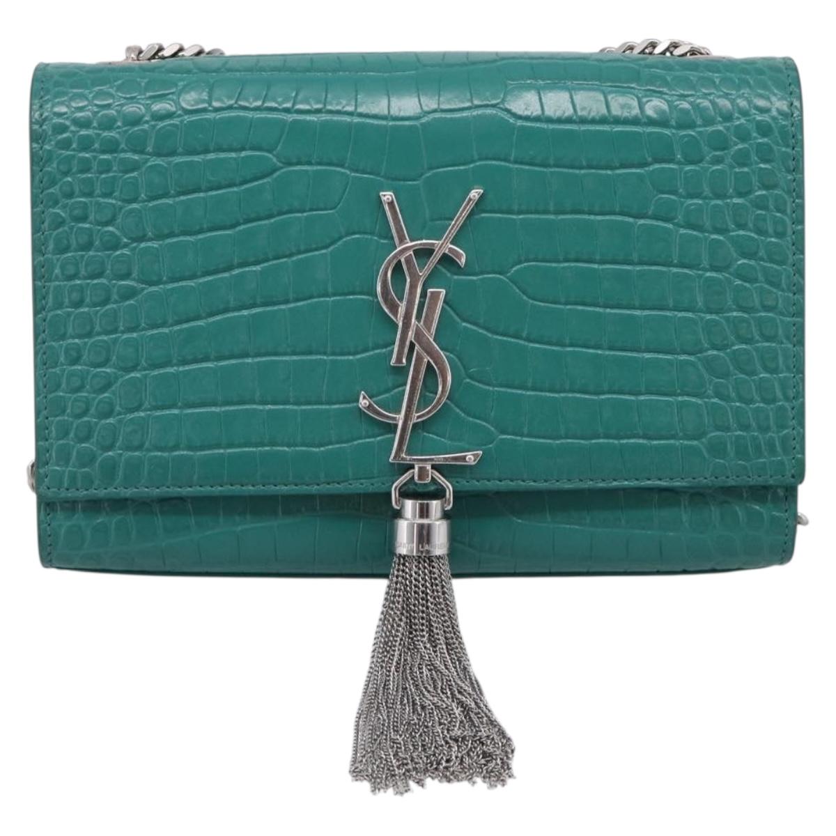 Saint Laurent Kate Chain Bag Leather Croco-Embossed Green Silver Auth 210206M