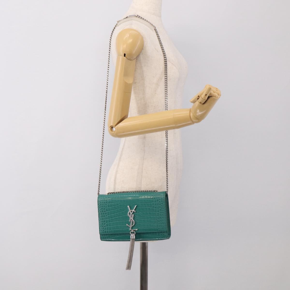 Saint Laurent Kate Chain Bag Leather Croco-Embossed Green Silver Auth 210206M