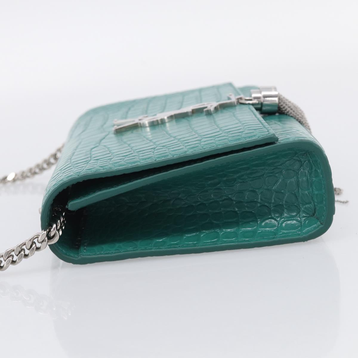 Saint Laurent Kate Chain Bag Leather Croco-Embossed Green Silver Auth 210206M