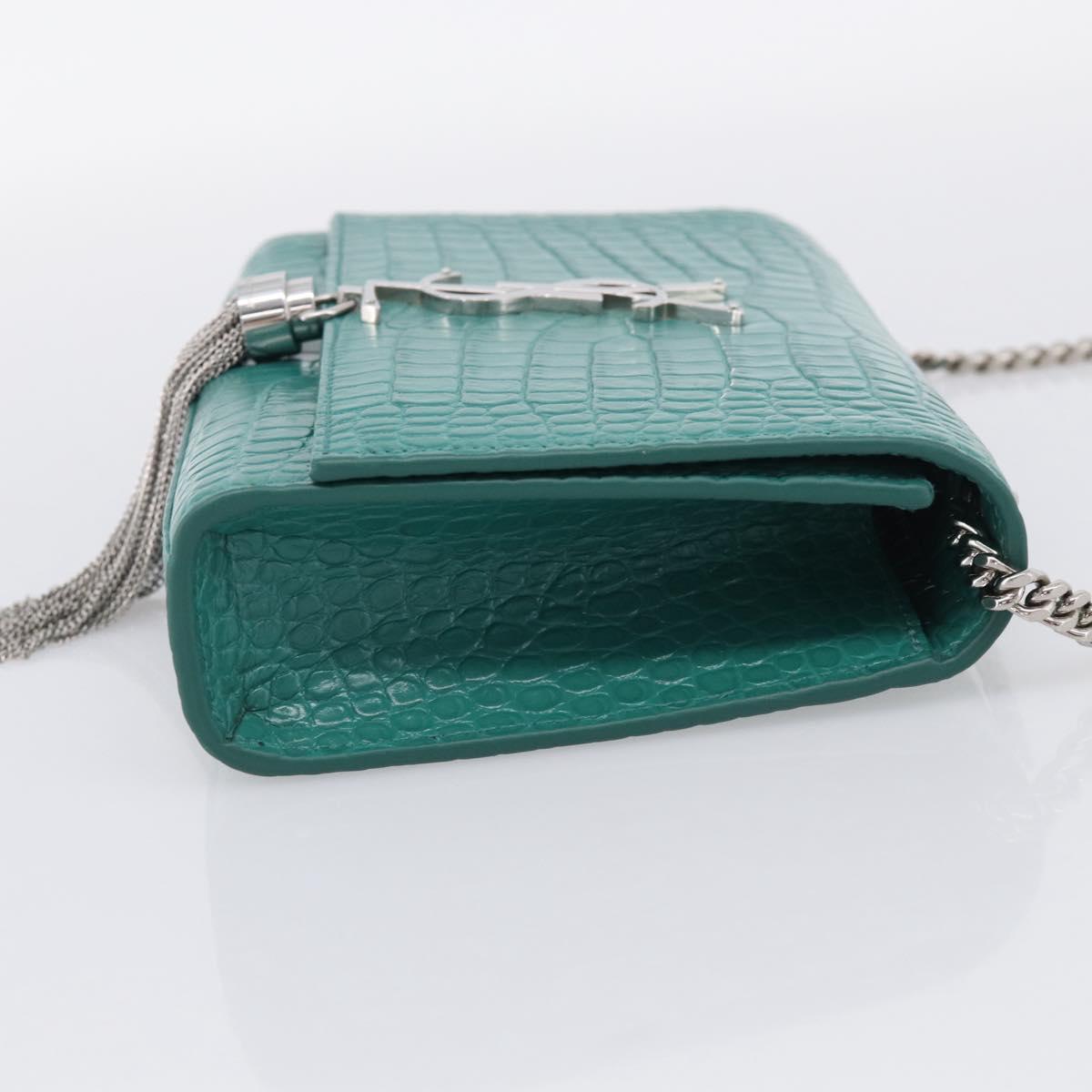 Saint Laurent Kate Chain Bag Leather Croco-Embossed Green Silver Auth 210206M