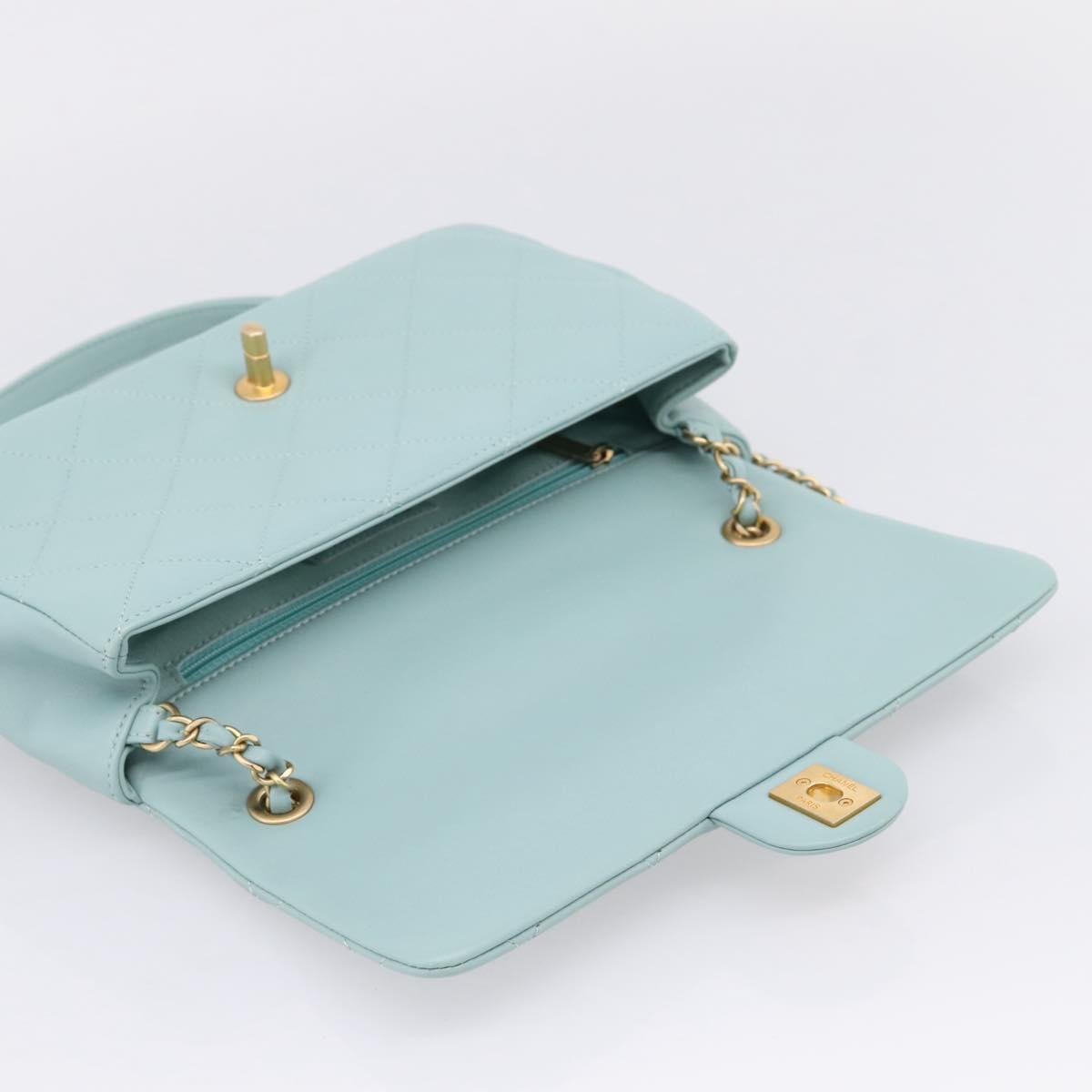 CHANEL Matelasse Chain Bag Lamb Skin 2way Light Blue Gold CC Auth 210207SAM