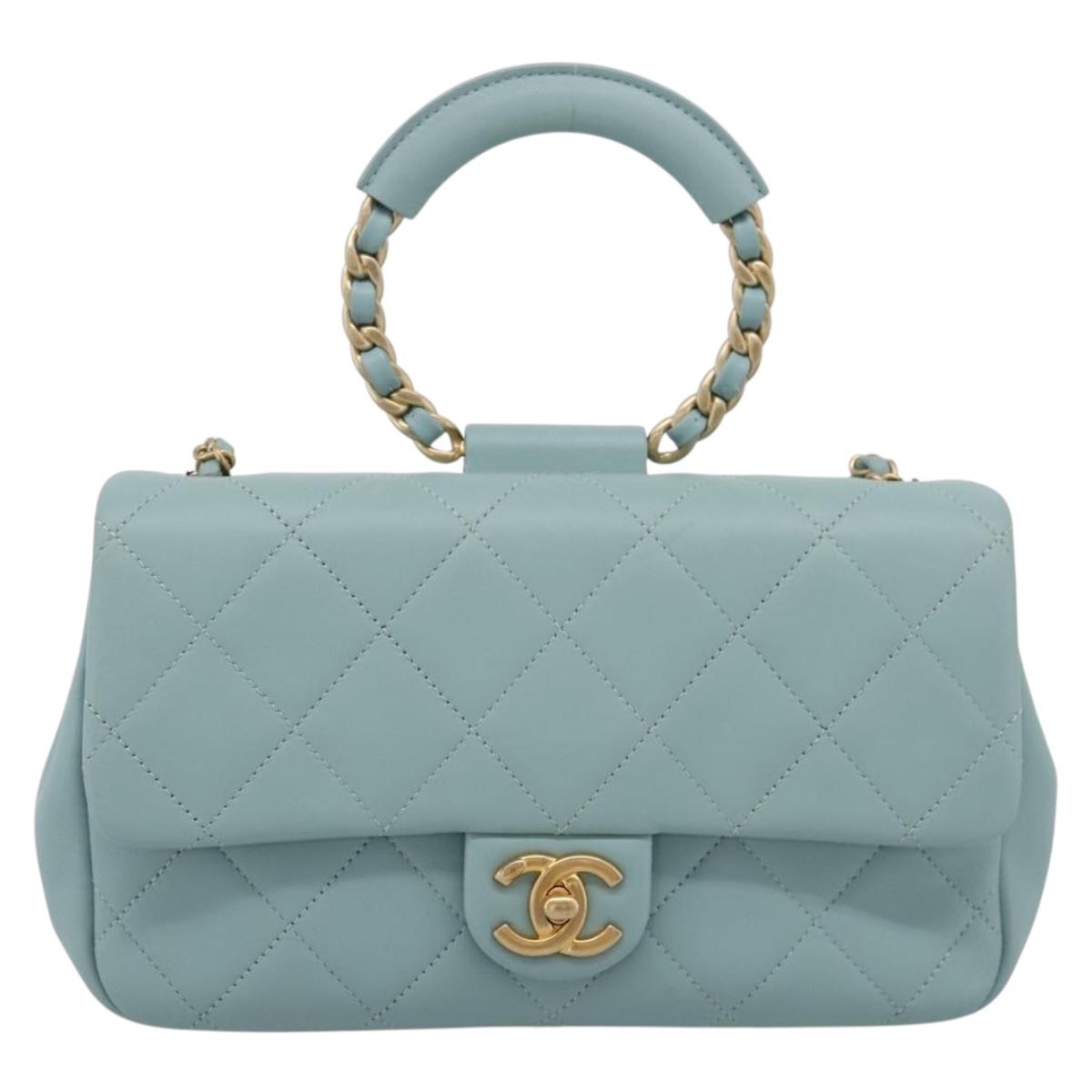 CHANEL Matelasse Chain Bag Lamb Skin 2way Light Blue Gold CC Auth 210207SAM