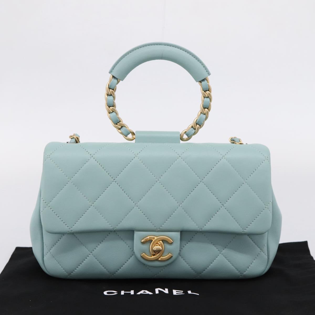 CHANEL Matelasse Chain Bag Lamb Skin 2way Light Blue Gold CC Auth 210207SAM