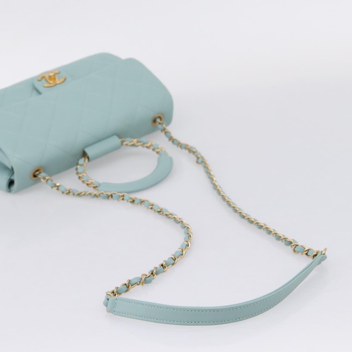 CHANEL Matelasse Chain Bag Lamb Skin 2way Light Blue Gold CC Auth 210207SAM