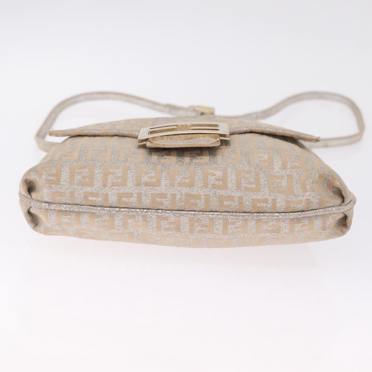 FENDI Zucchino Canvas Mamma Baguette Shoulder Bag Silver Gold Auth 210223