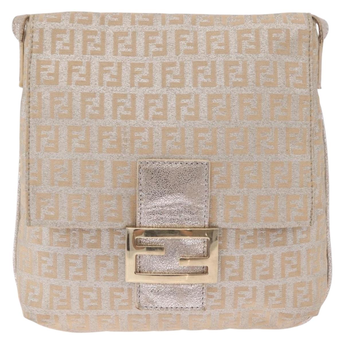 FENDI Zucchino Canvas Mamma Baguette Shoulder Bag Silver Gold Auth 210223