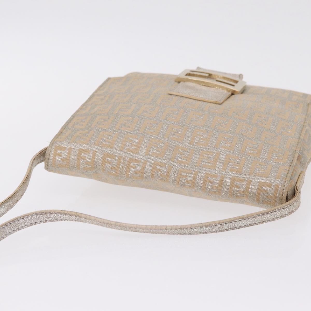 FENDI Zucchino Canvas Mamma Baguette Shoulder Bag Silver Gold Auth 210223