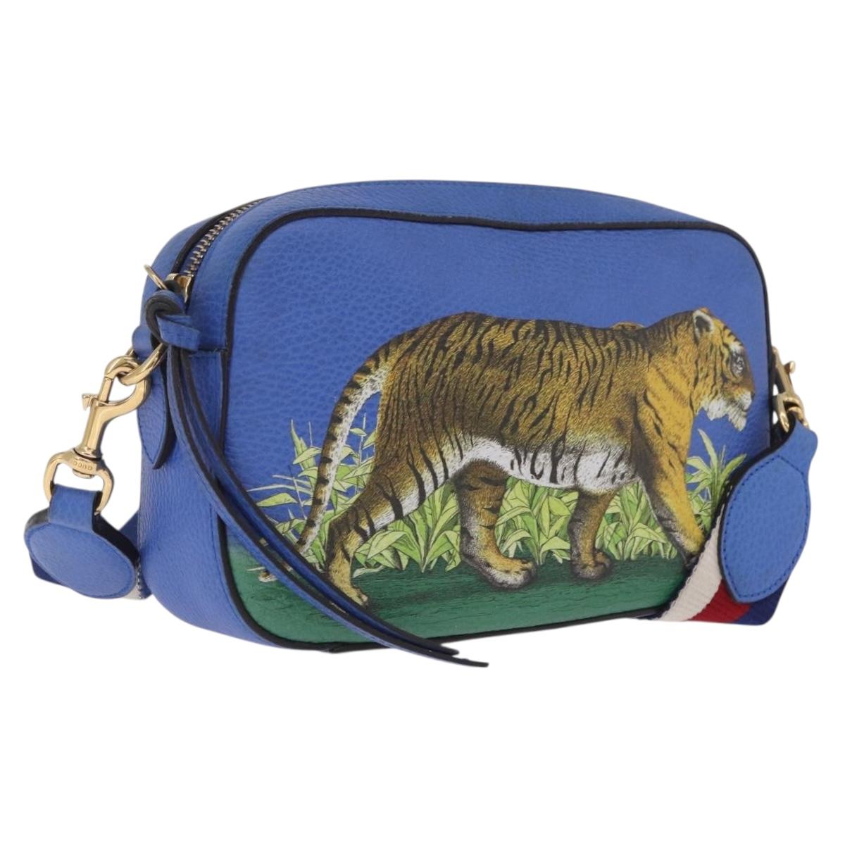 GUCCI Shoulder Bag Leather Blue Gold Auth 210234V