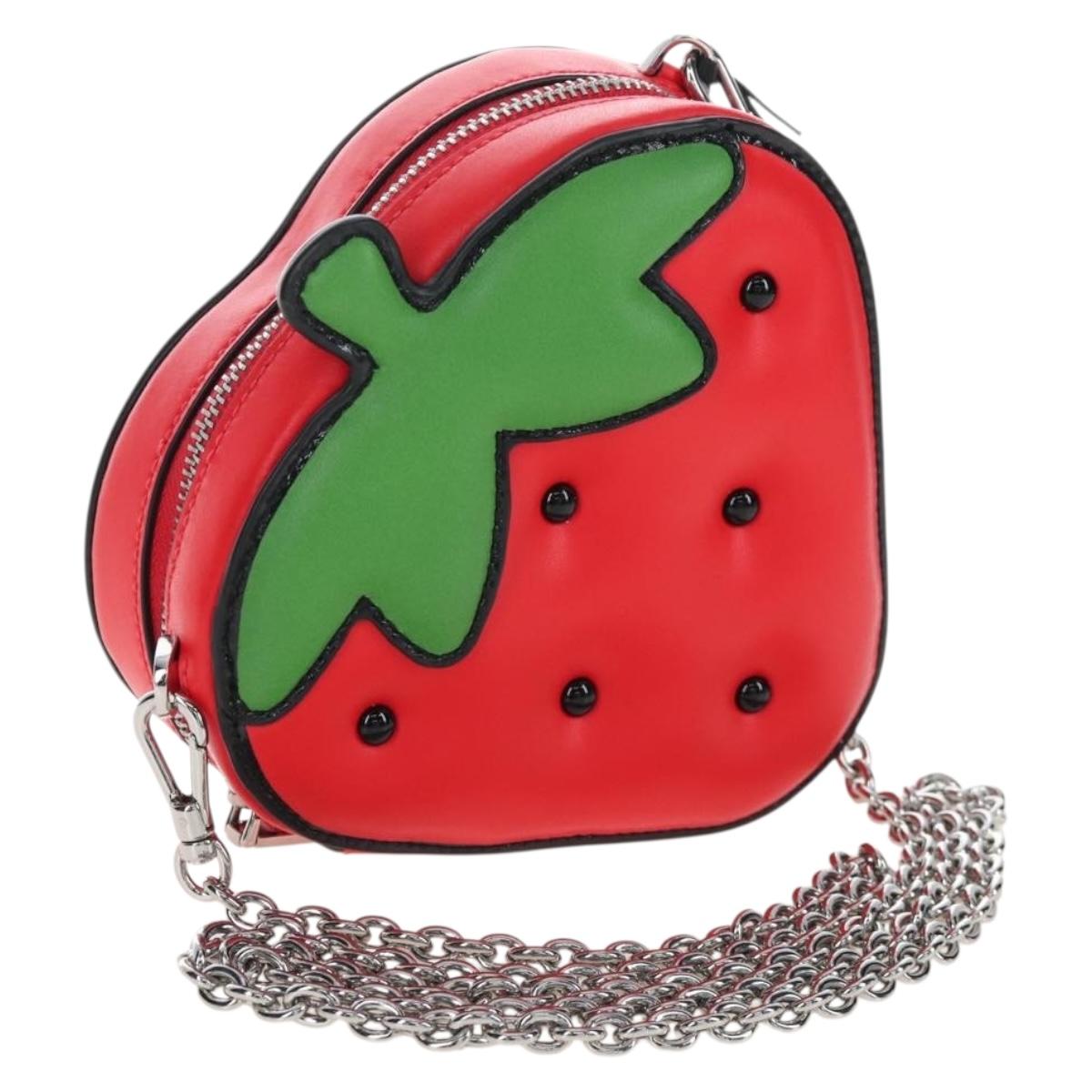 kate spade 3D Strawberry Hello Kitty Chain Bag Leather Red Silver Auth 210253M