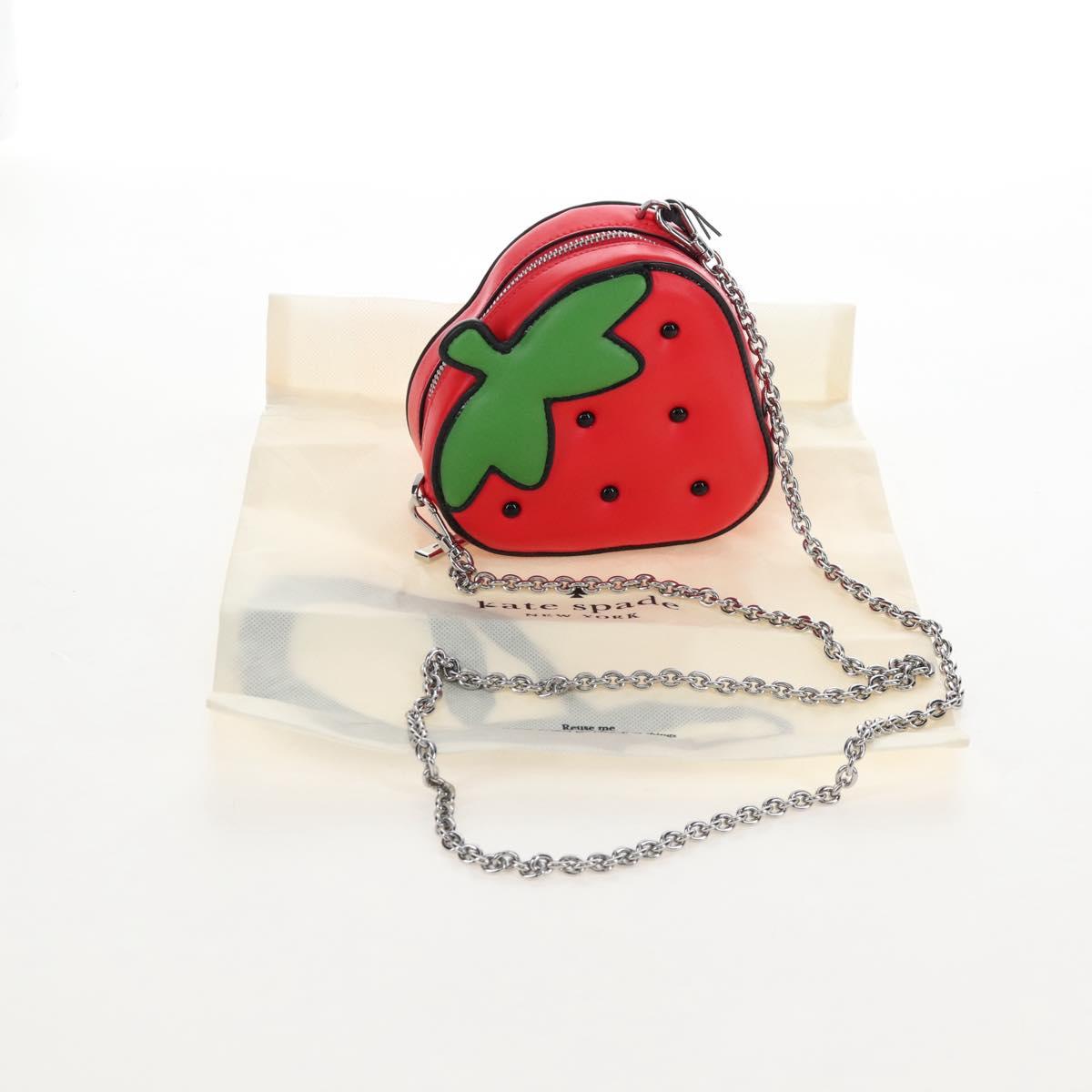 kate spade 3D Strawberry Hello Kitty Chain Bag Leather Red Silver Auth 210253M