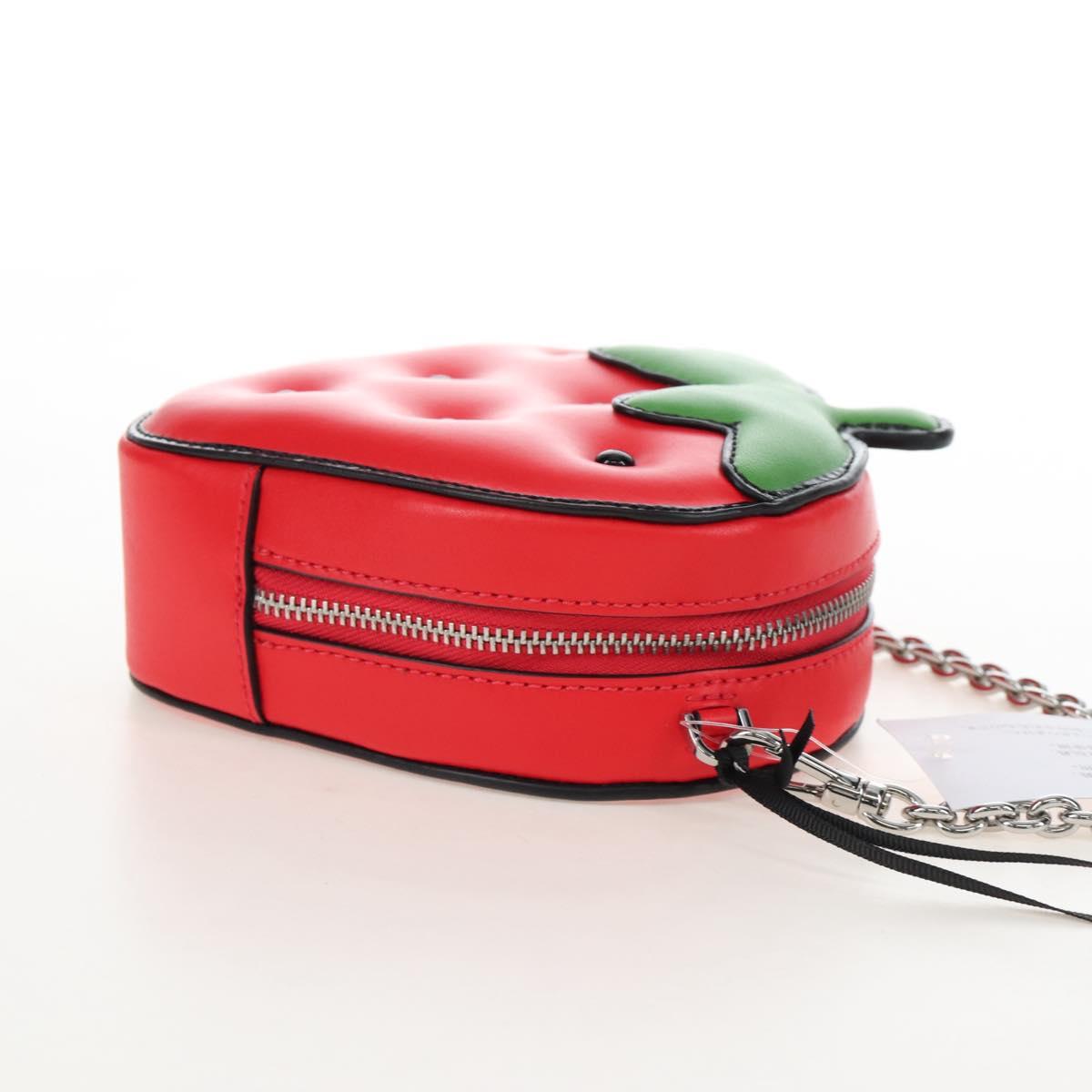 kate spade 3D Strawberry Hello Kitty Chain Bag Leather Red Silver Auth 210253M
