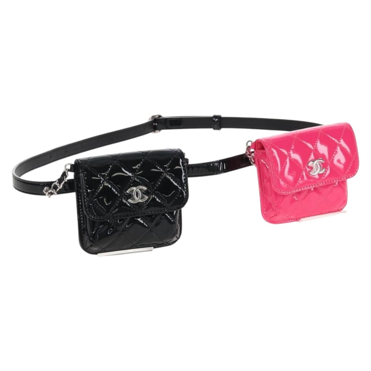 CHANEL Belt Bag Patent Leather Black Silver CC Auth 210255SM