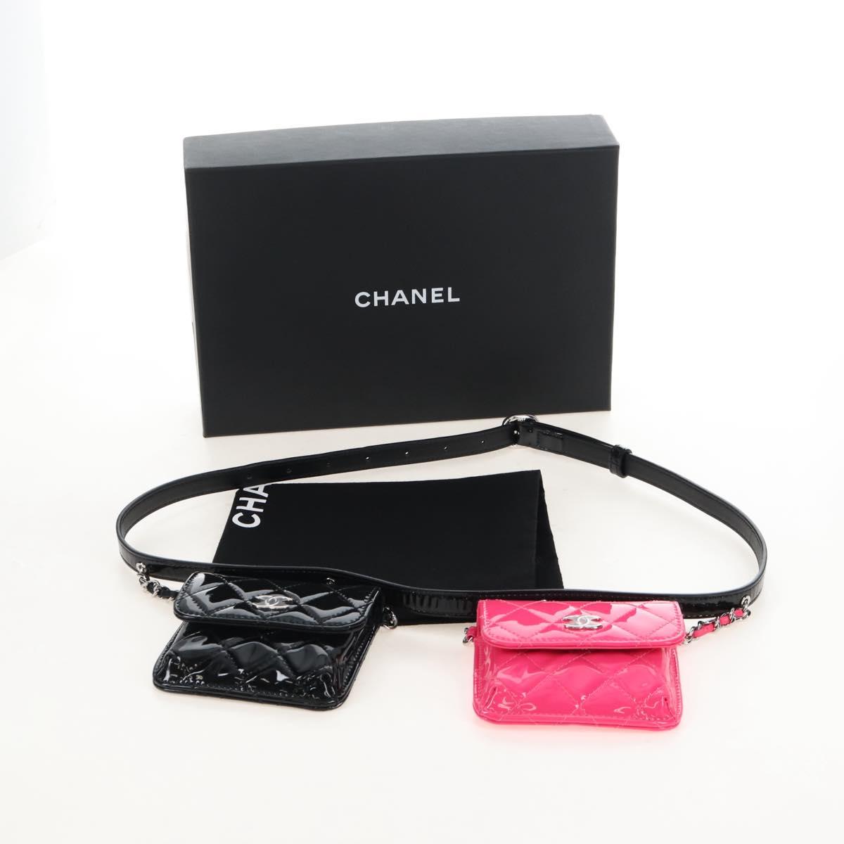CHANEL Belt Bag Patent Leather Black Silver CC Auth 210255SM