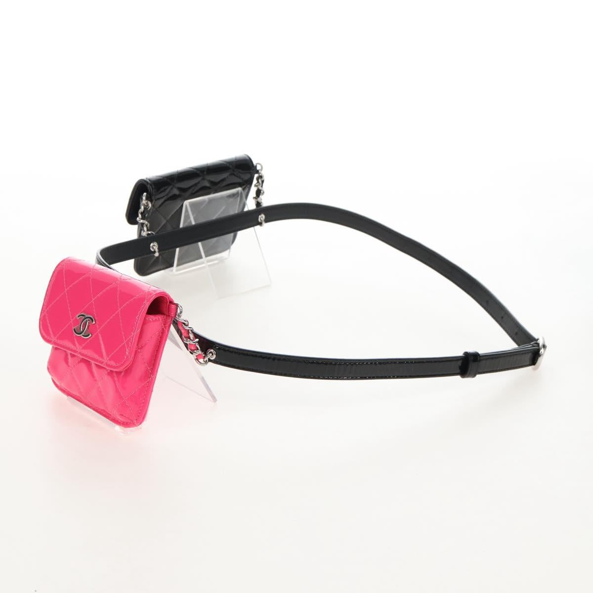 CHANEL Belt Bag Patent Leather Black Silver CC Auth 210255SM
