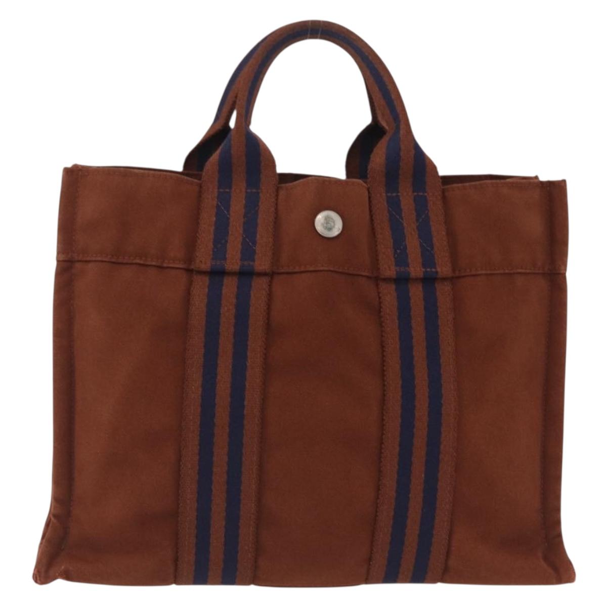 HERMES New Fourre Tout PM Hand Bag Canvas Brown Silver Auth 210299