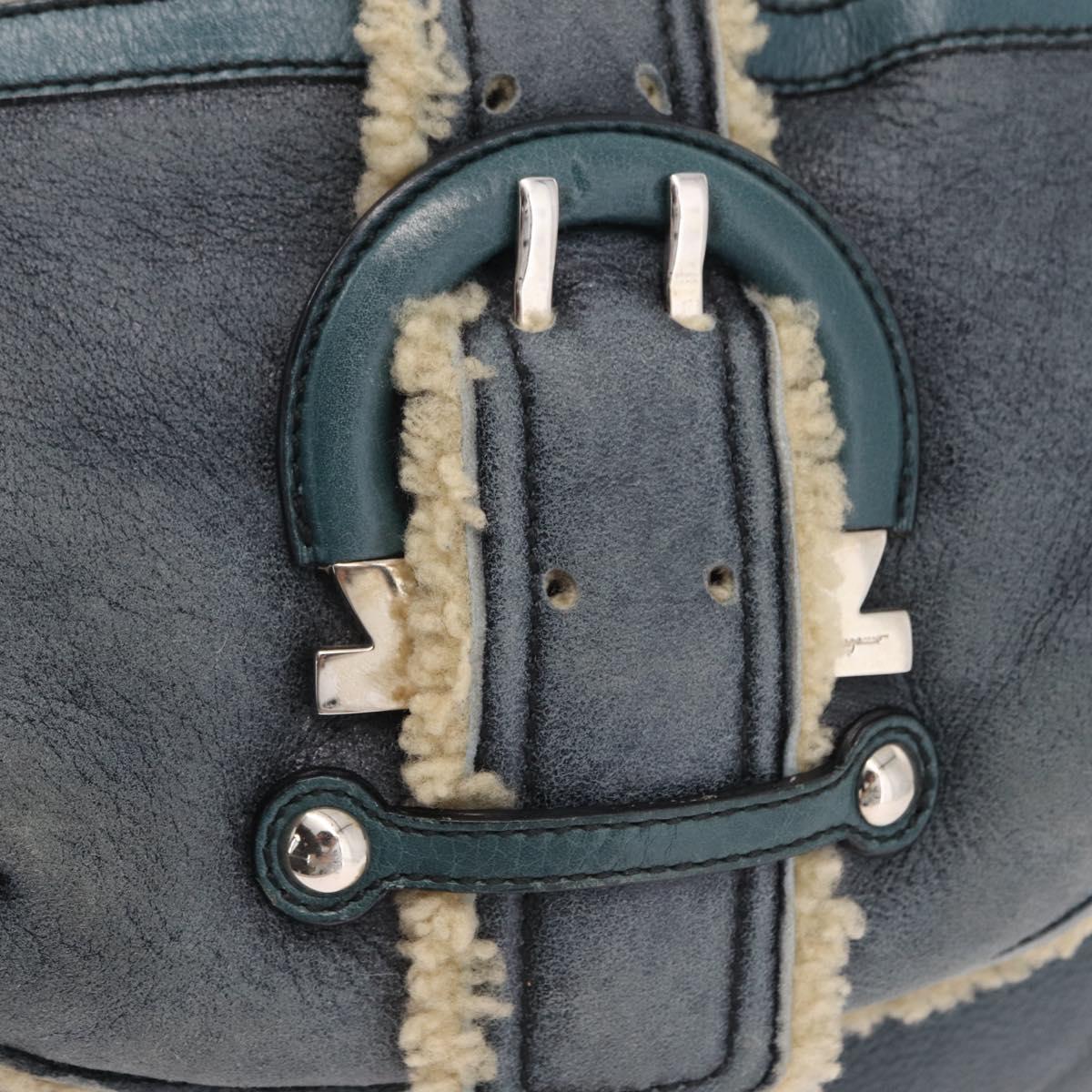 Salvatore Ferragamo Gancini Hand Bag Leather Mouton Blue Silver Auth 210306