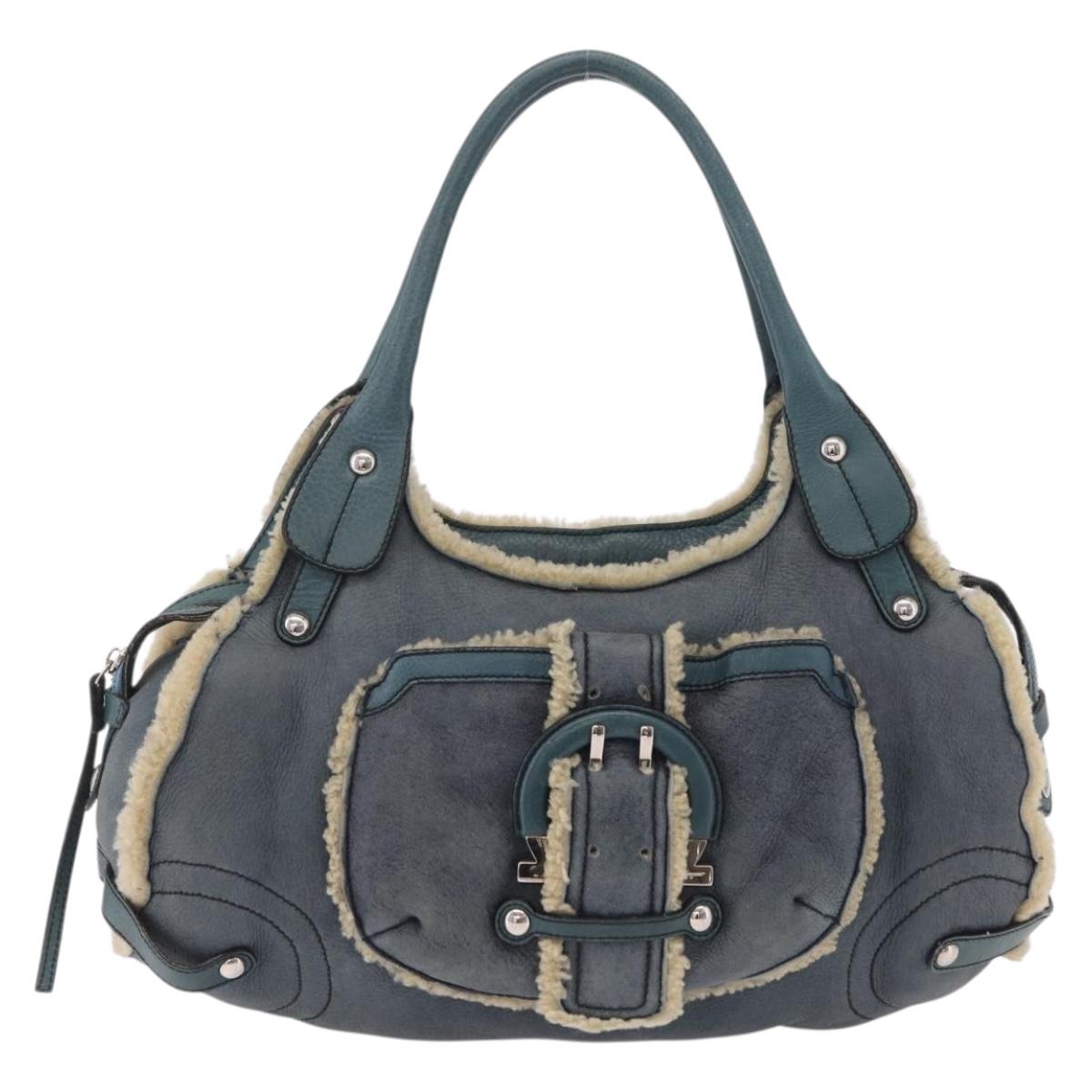 Salvatore Ferragamo Gancini Hand Bag Leather Mouton Blue Silver Auth 210306