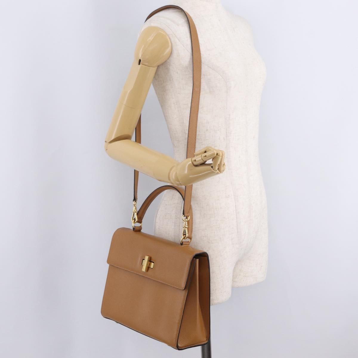 CELINE Hand Bag Leather 2way Beige Gold Auth 210316