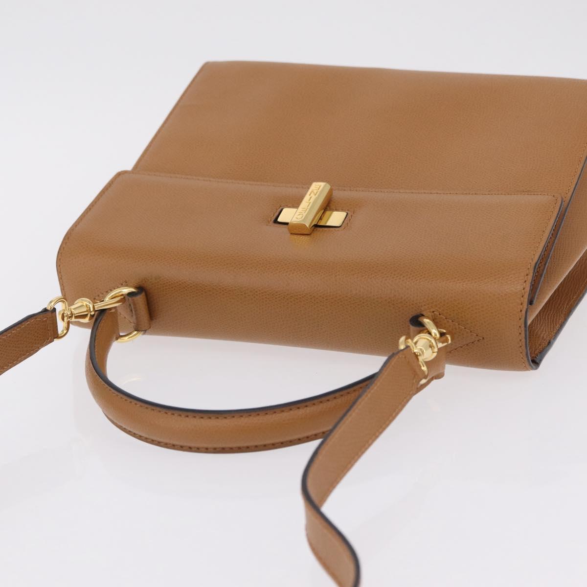 CELINE Hand Bag Leather 2way Beige Gold Auth 210316