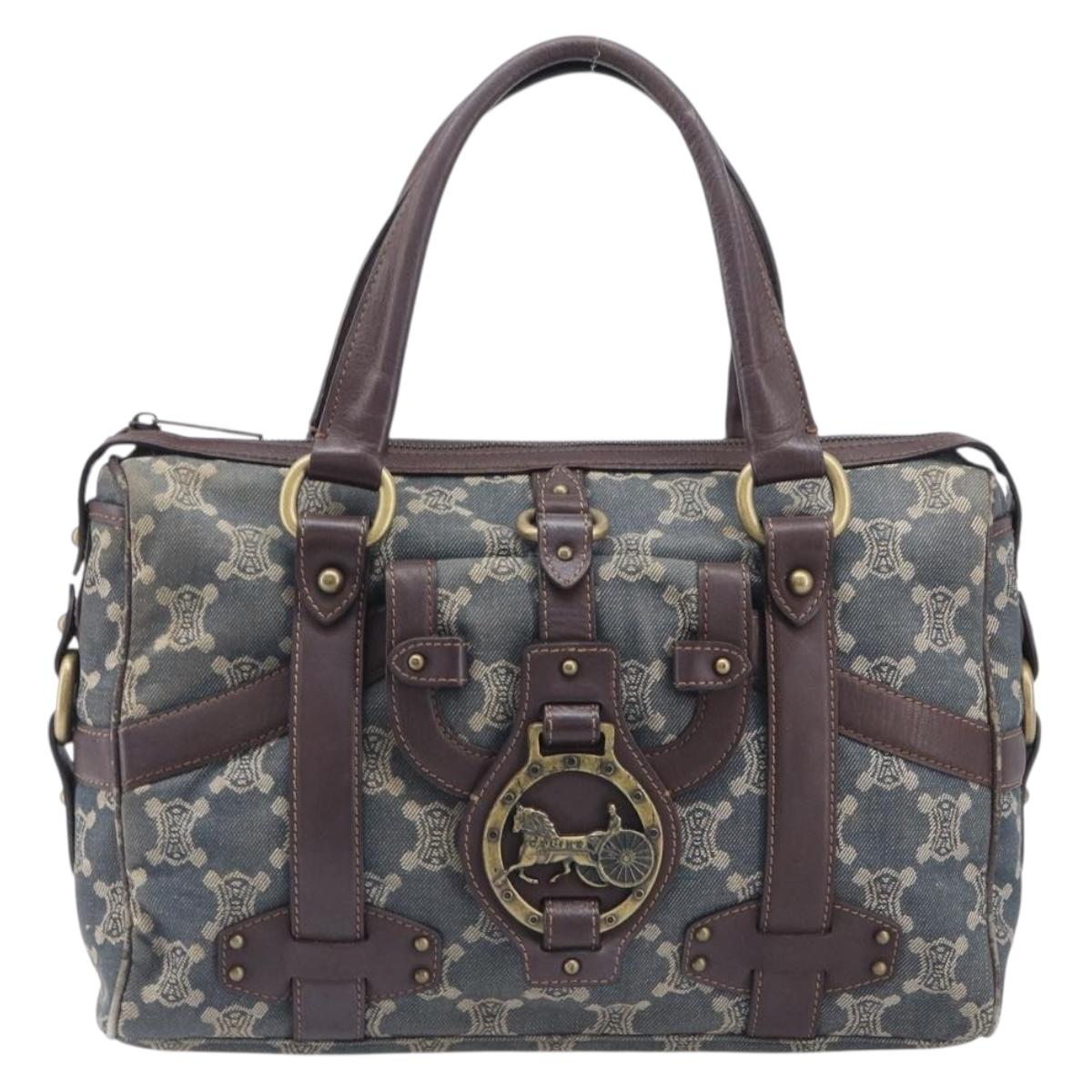 CELINE Paris Macadam Canvas Horse Carriage Hand Bag Blue Gold Auth 210319