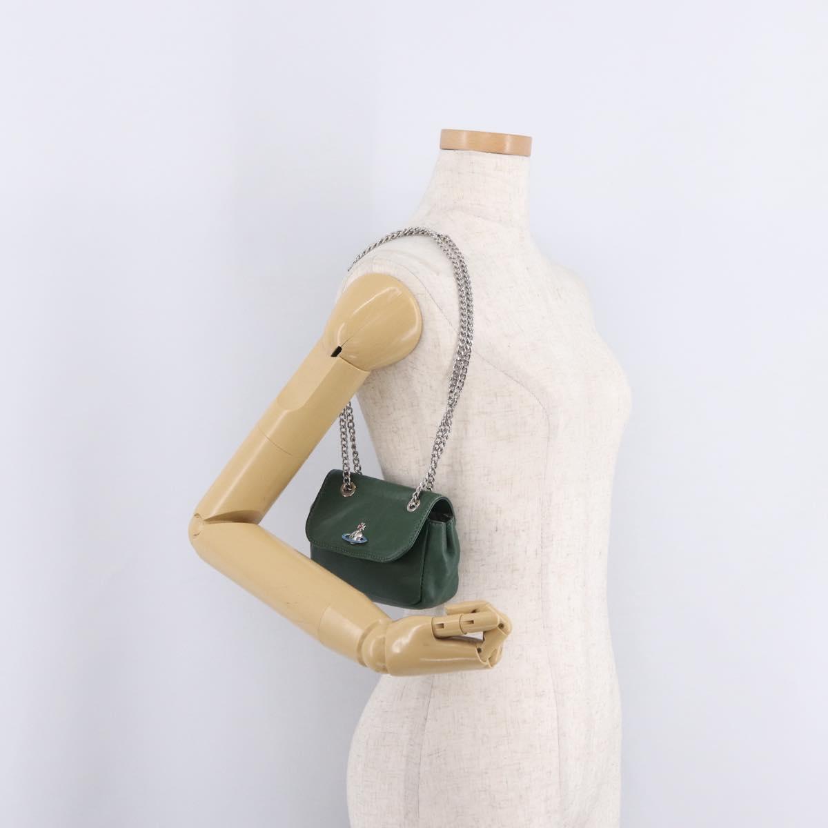 Vivienne Westwood Chain Shoulder Bag Leather Green Silver Auth 210344A