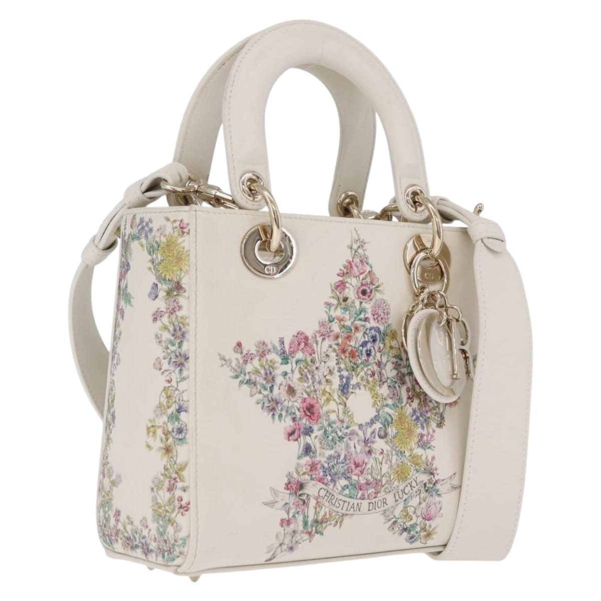 Christian Dior Lady Dior Hand Bag Leather 2way White Gold Auth 210372SAM