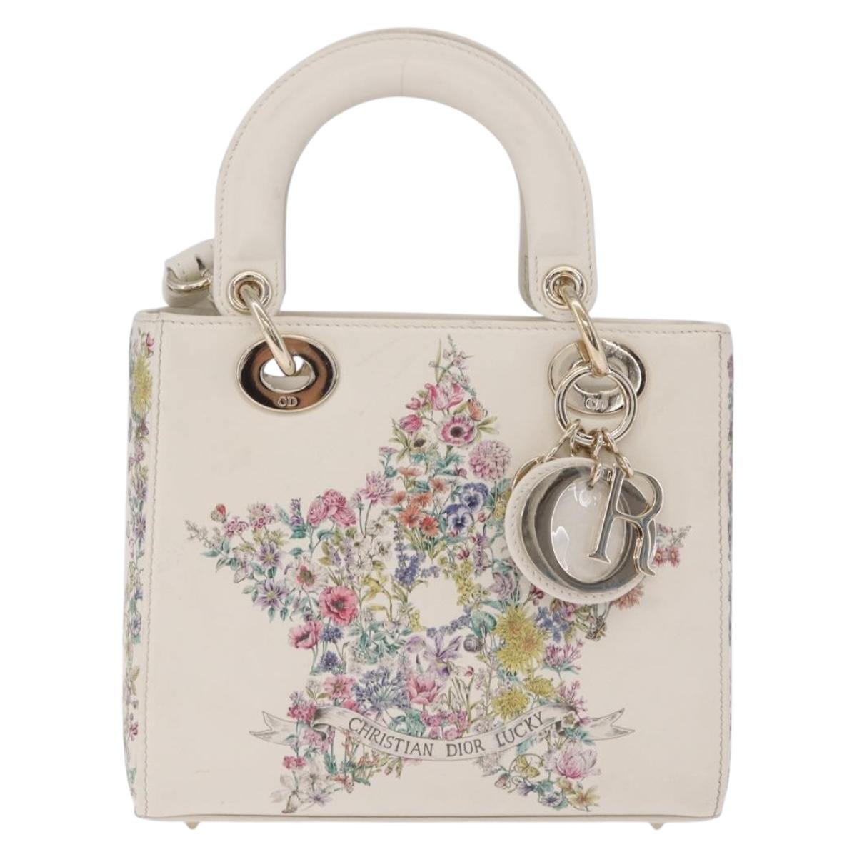 Christian Dior Lady Dior Hand Bag Leather 2way White Gold Auth 210372SAM