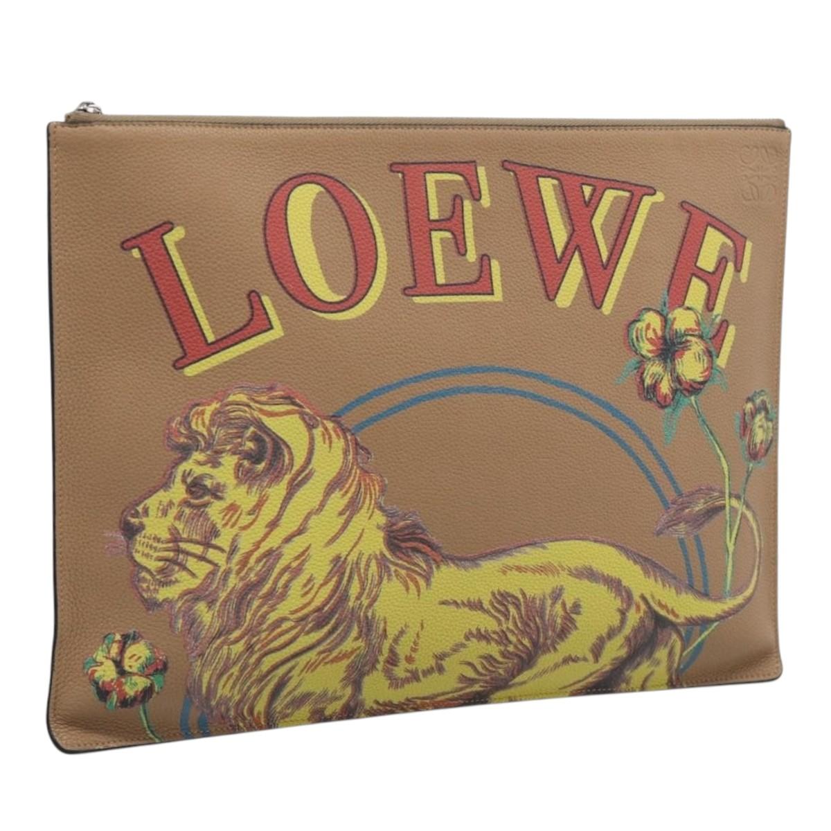 LOEWE Clutch Bag Leather Brown Silver Auth 210375M