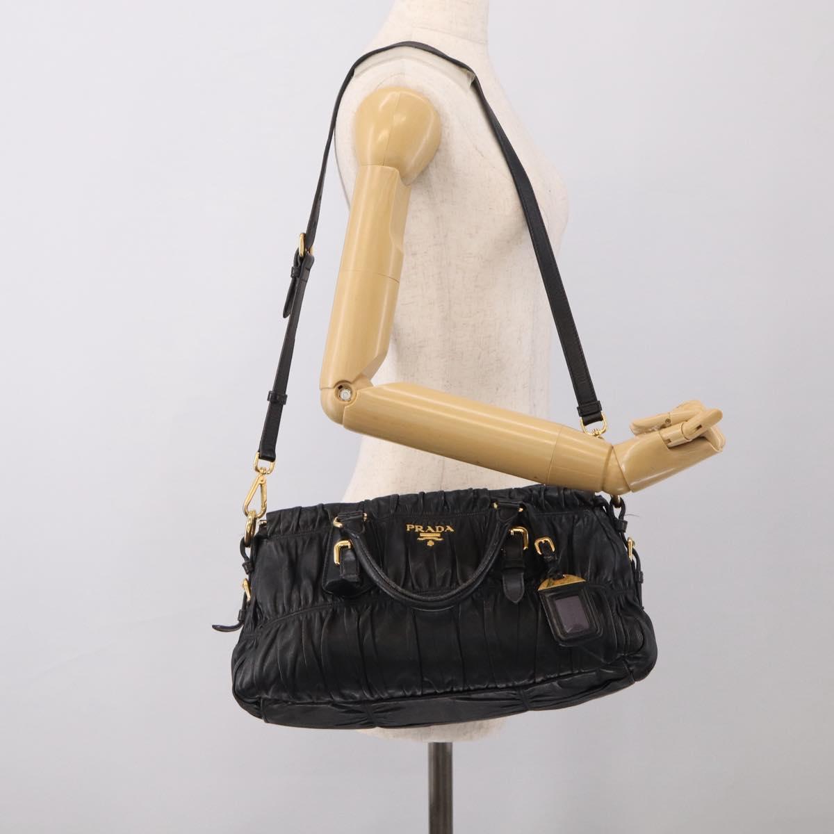 PRADA Gathered Hand Bag Leather 2way Black Gold Auth 210378A
