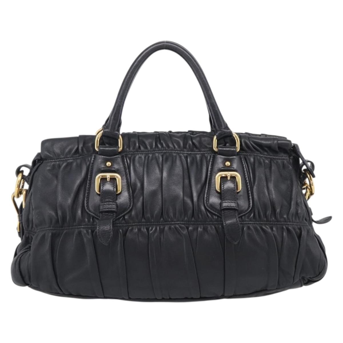 PRADA Gathered Hand Bag Leather 2way Black Gold Auth 210378A