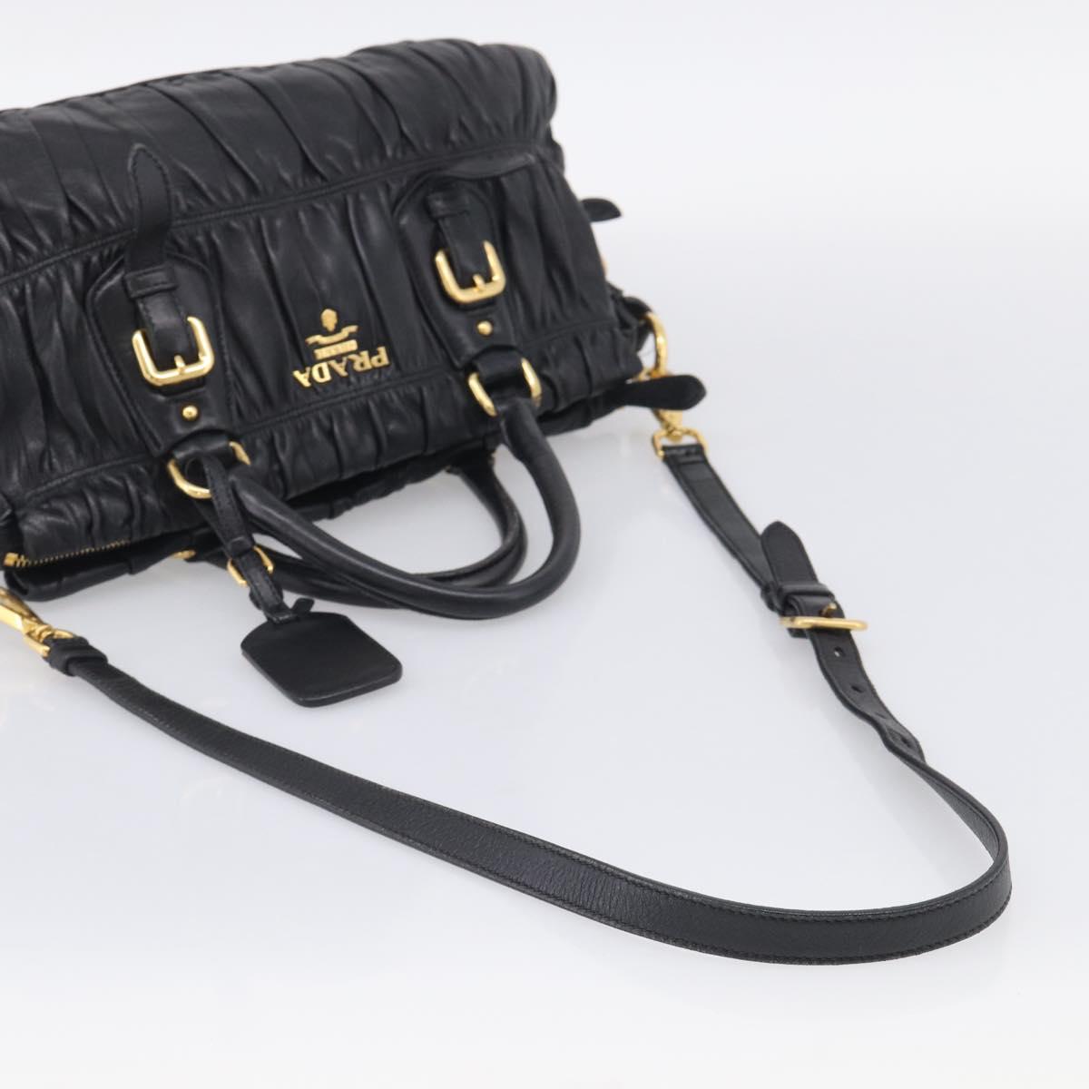 PRADA Gathered Hand Bag Leather 2way Black Gold Auth 210378A