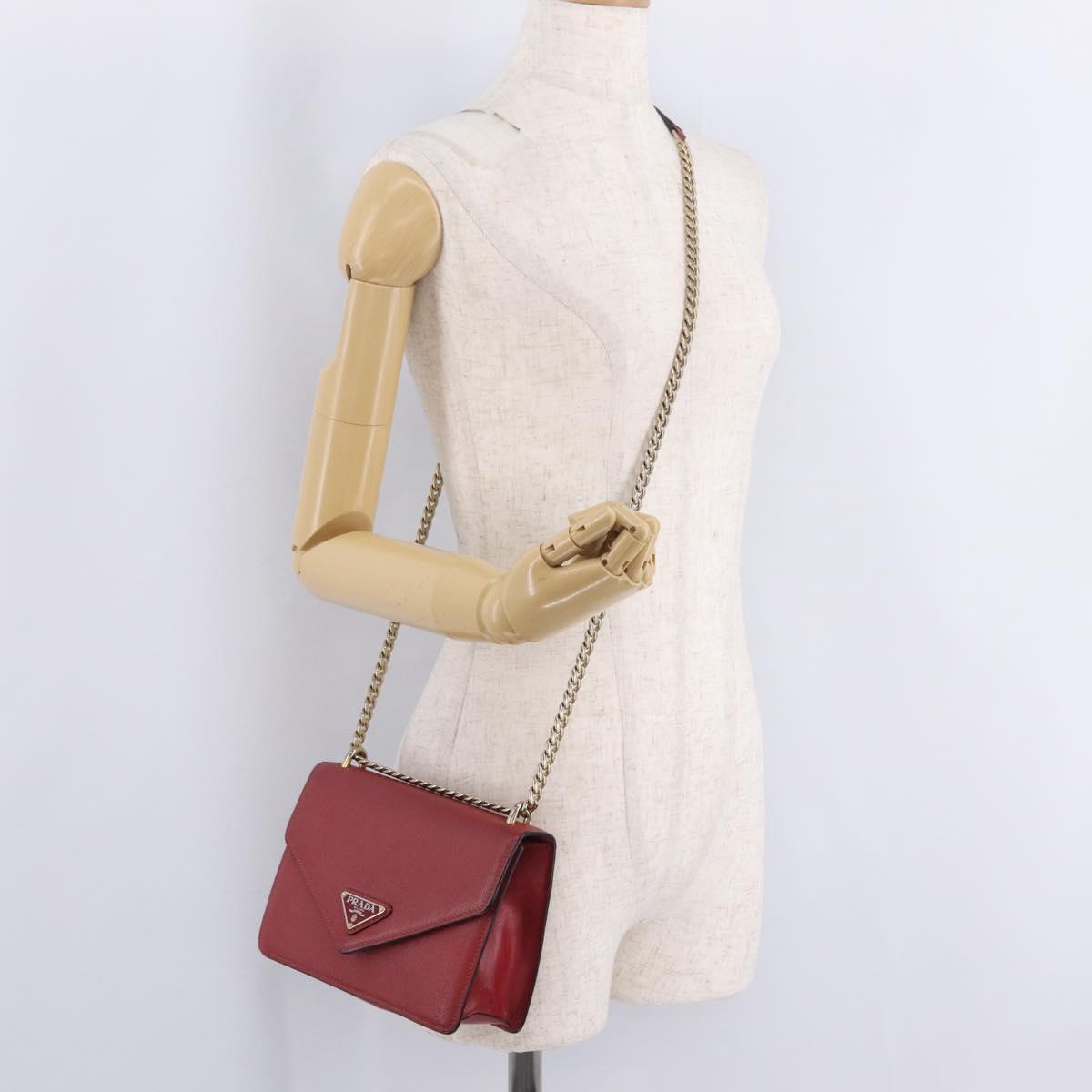 PRADA Chain Shoulder Bag Safiano leather Red Gold Auth 210380A