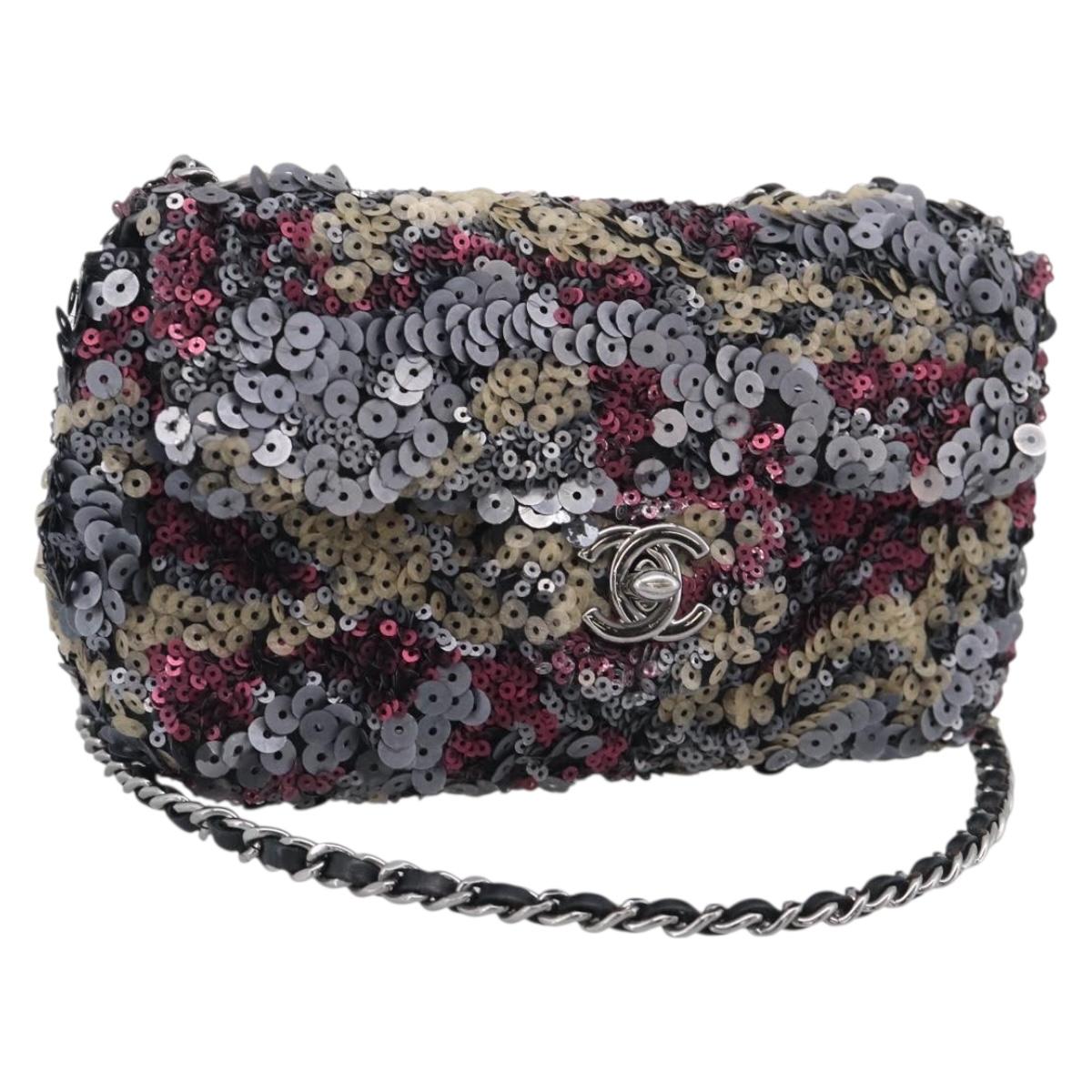 CHANEL Chain Shoulder Bag Leather Sequins Gray Silver CC Auth 210383SM